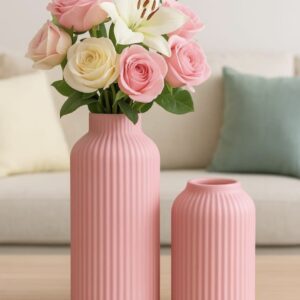 Premium Ceramic Ribbed Vase (Pink Pastel) – Modern Home Décor